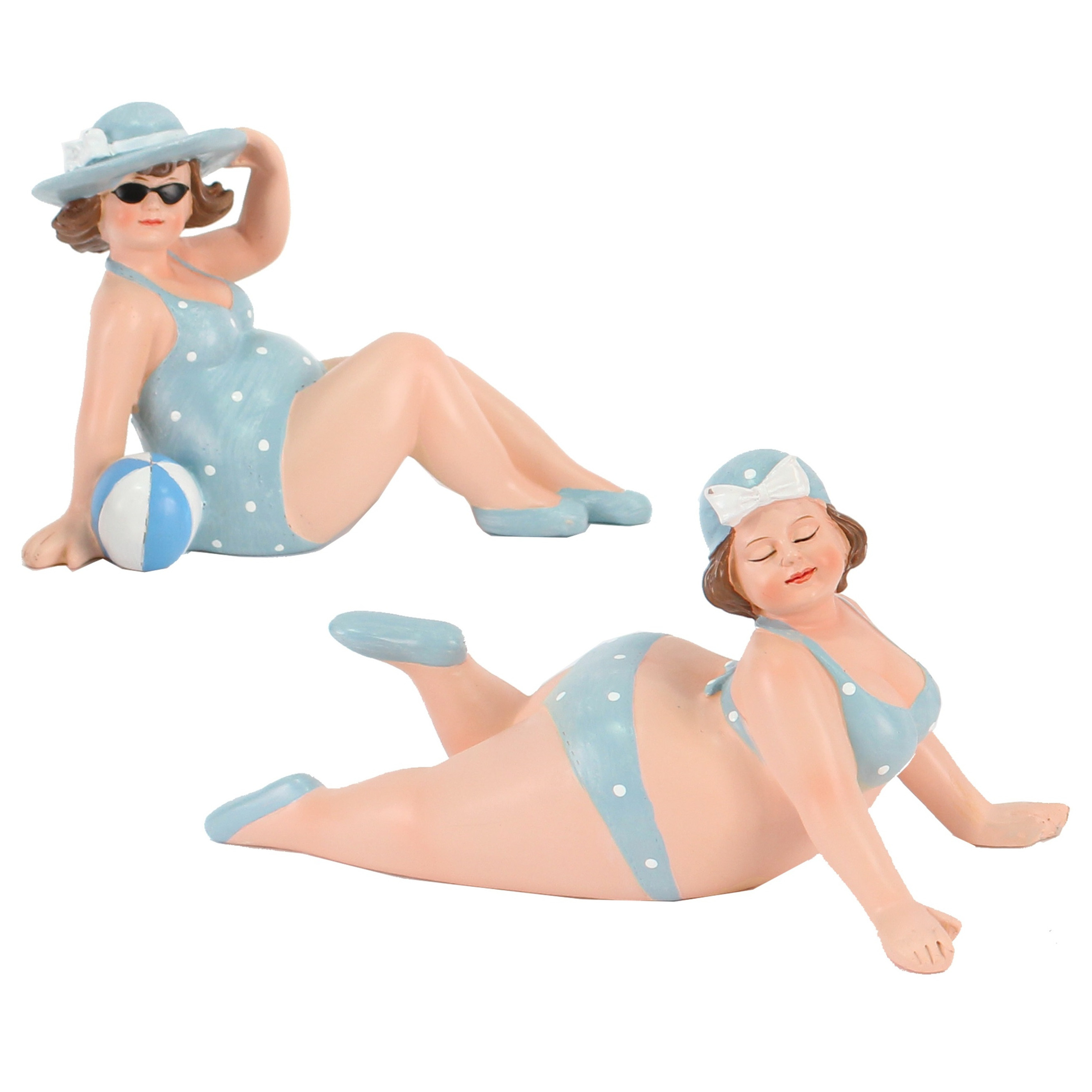 Woonkamer decoratie beeldjes set 2 dikke dames blauw badpak 17 cm