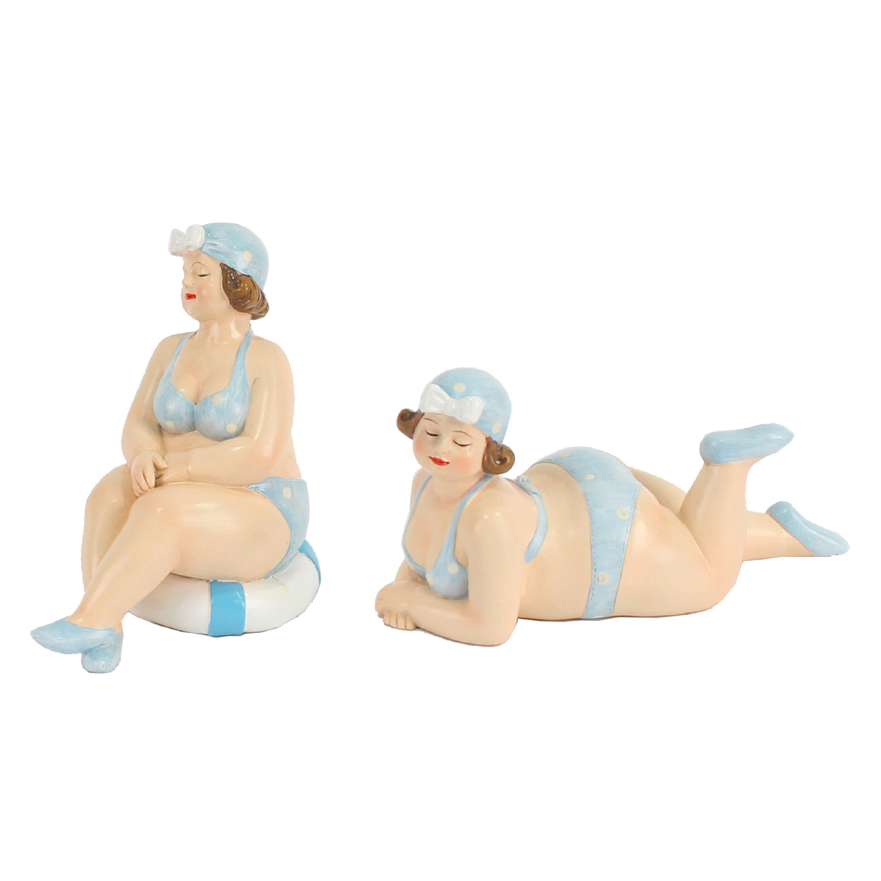 Woonkamer decoratie beeldjes set van 2 dikke dames blauw badpak 11 cm