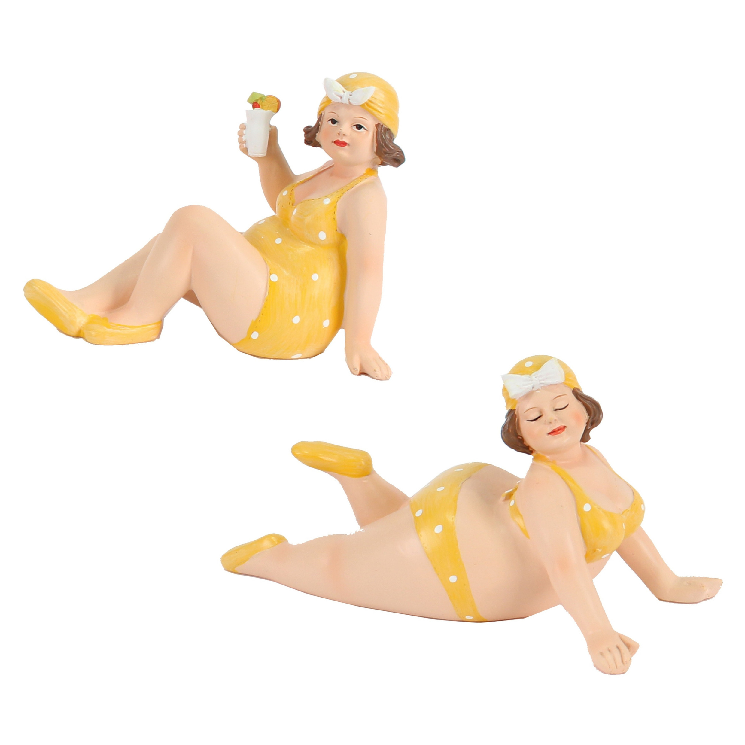 Woonkamer decoratie beeldjes set van 2 dikke dames geel badpak 17 cm