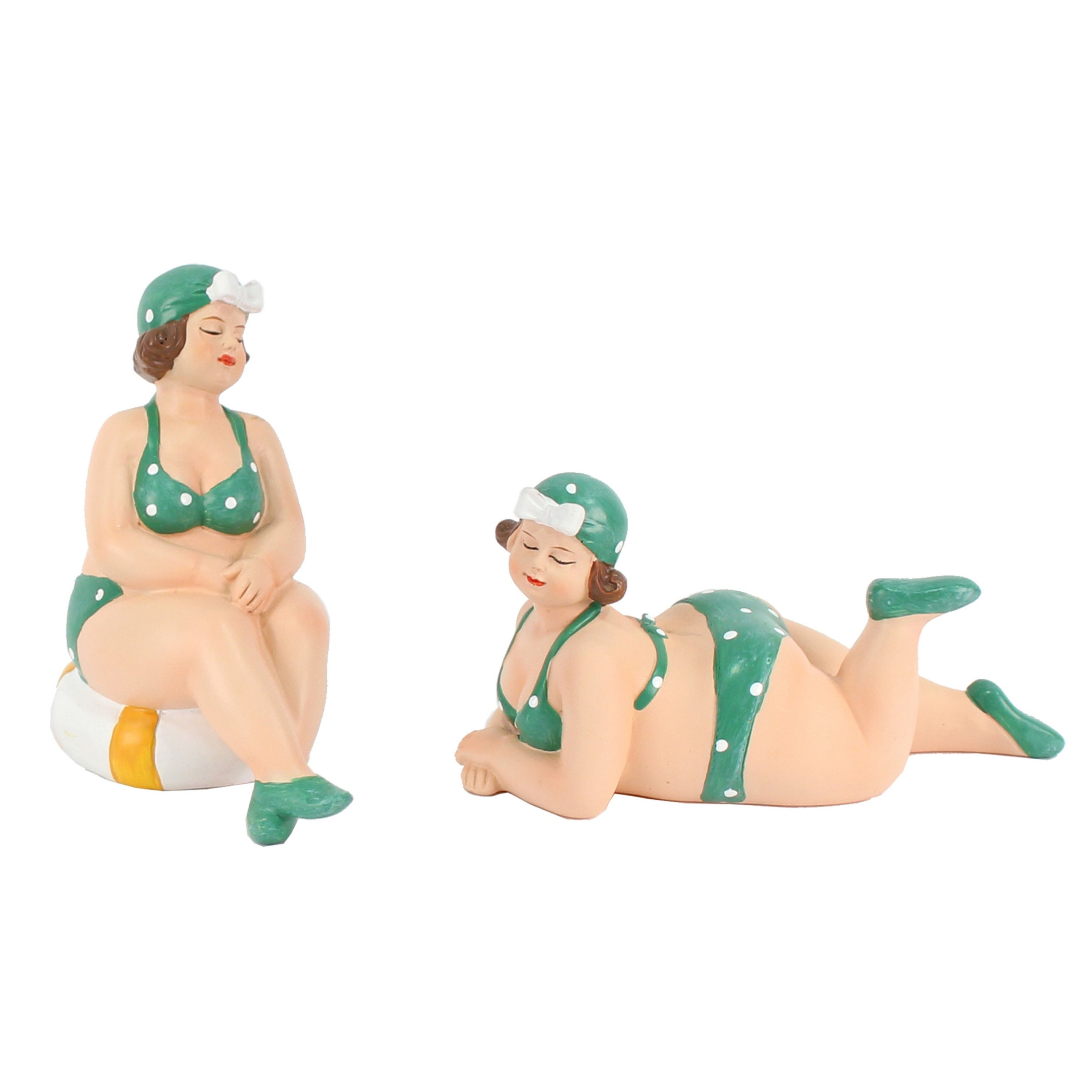 Woonkamer decoratie beeldjes set van 2 dikke dames groen badpak 11 cm