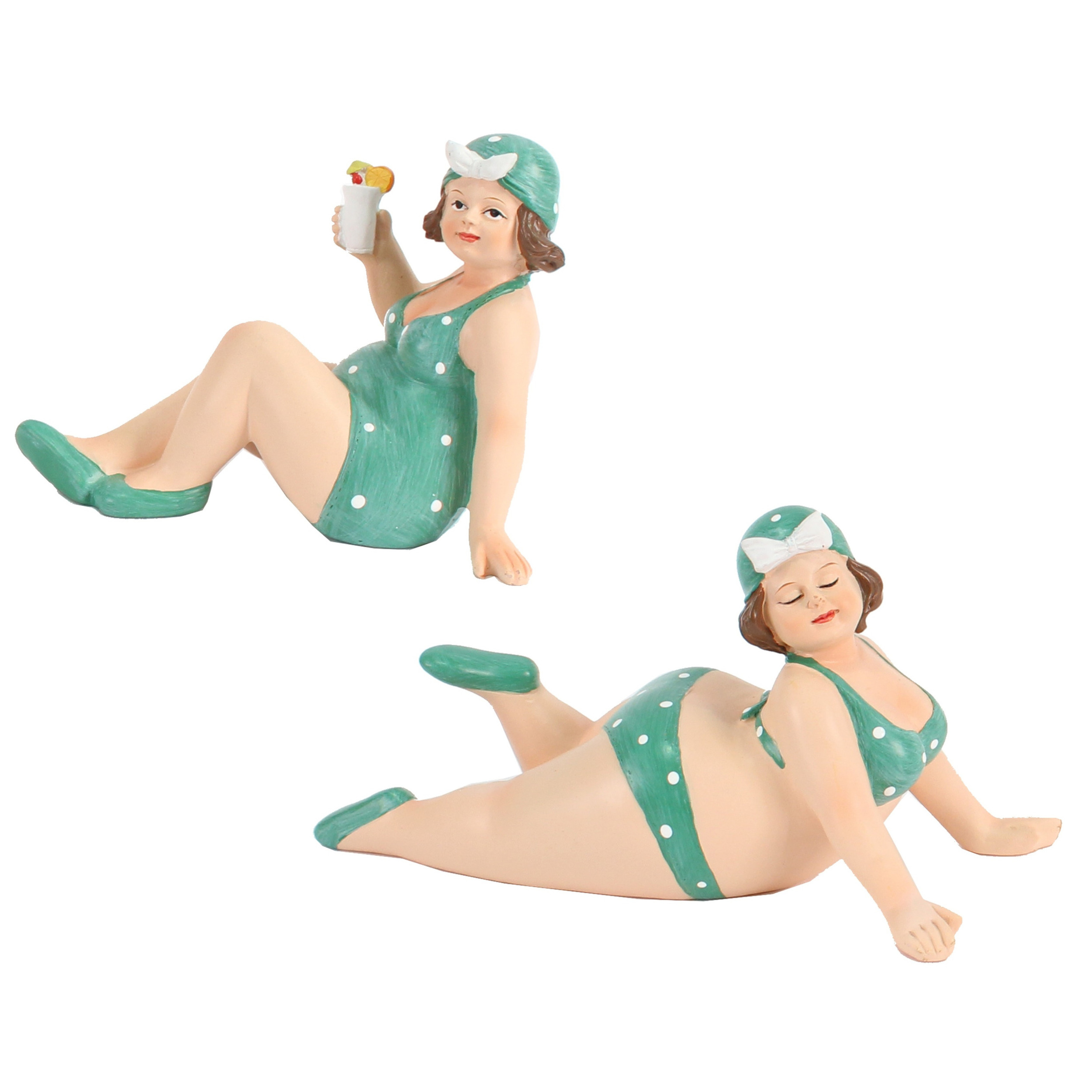 Woonkamer decoratie beeldjes set van 2 dikke dames groen badpak 17 cm