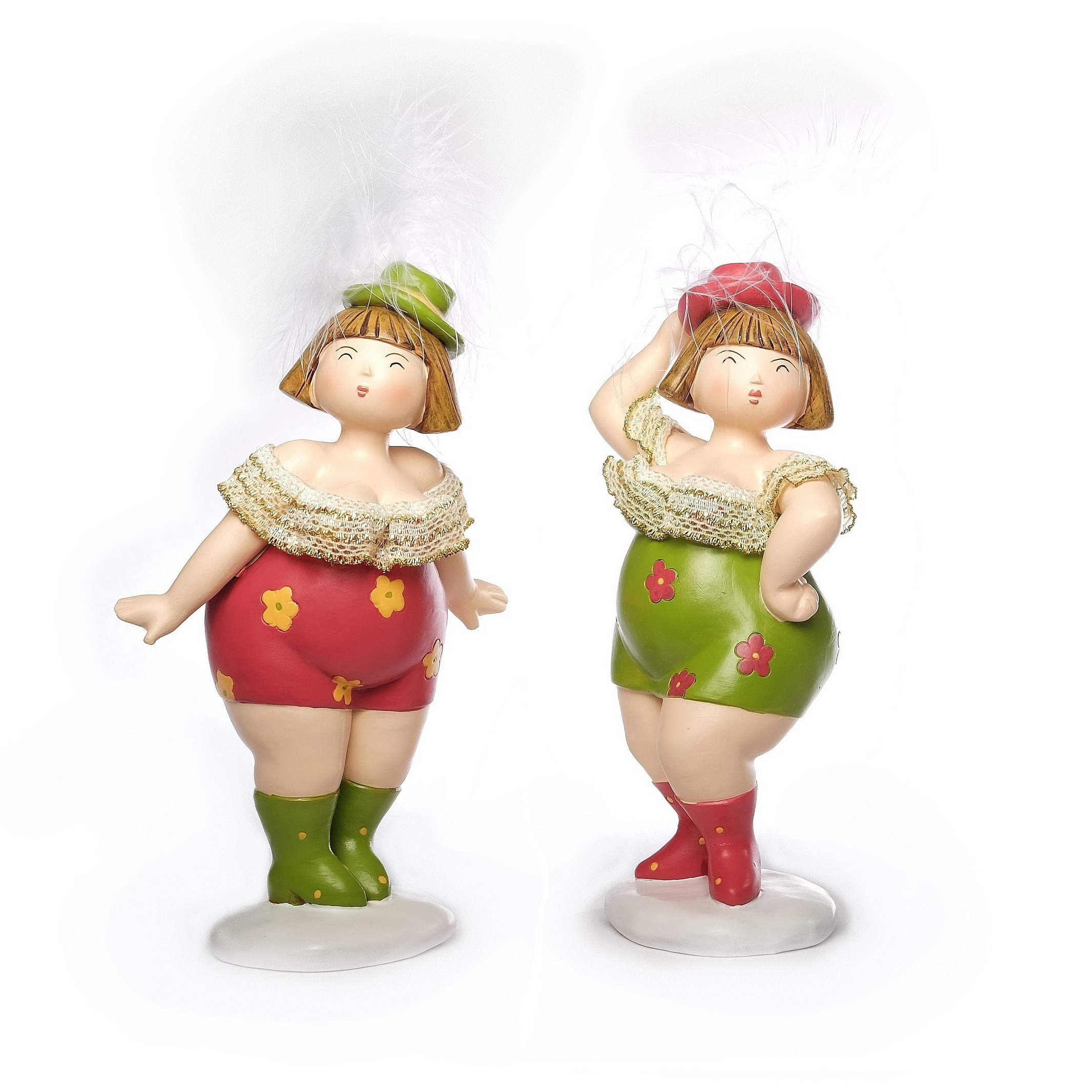 Woonkamer decoratie beeldjes set van 2 dikke dames met veren 20 cm