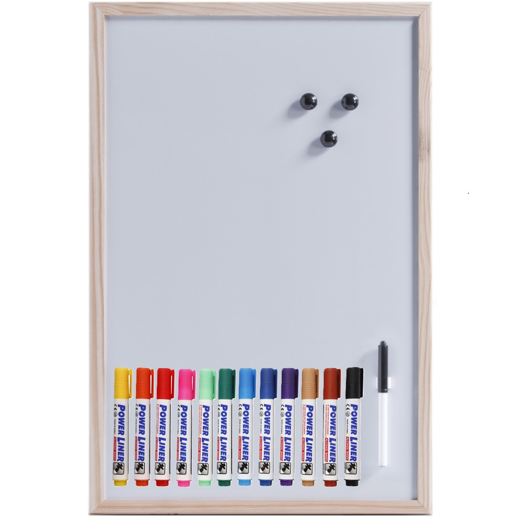 Zeller Magnetisch whiteboard-memobord met houten rand 40 x 60 cm met 12x power liner stiften
