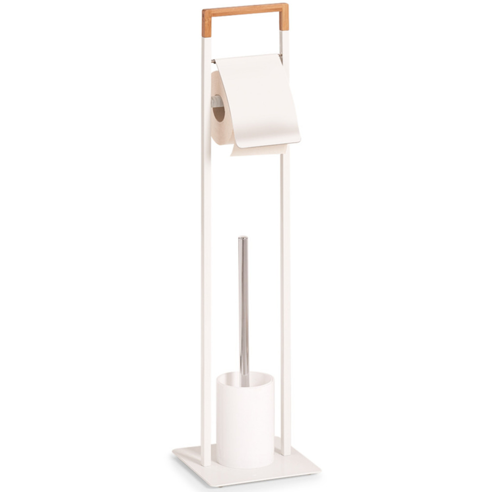 Zeller Toiletborstelhouder inclusief WC-rolhouder en borstel wit metaal-bamboe 75 cm