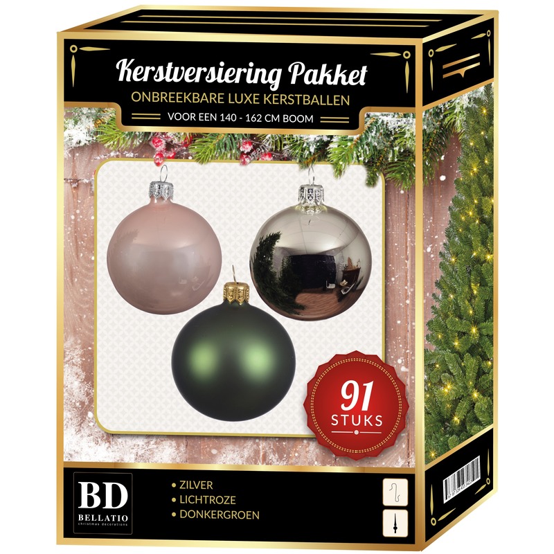 Zilveren-donkergroen-lichtroze kerstballen pakket 91-delig voor 150 cm boom