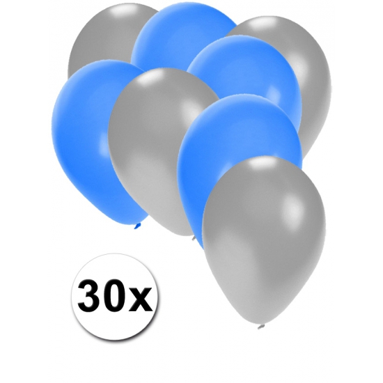 Zilveren en blauwe ballonnen 30 stuks