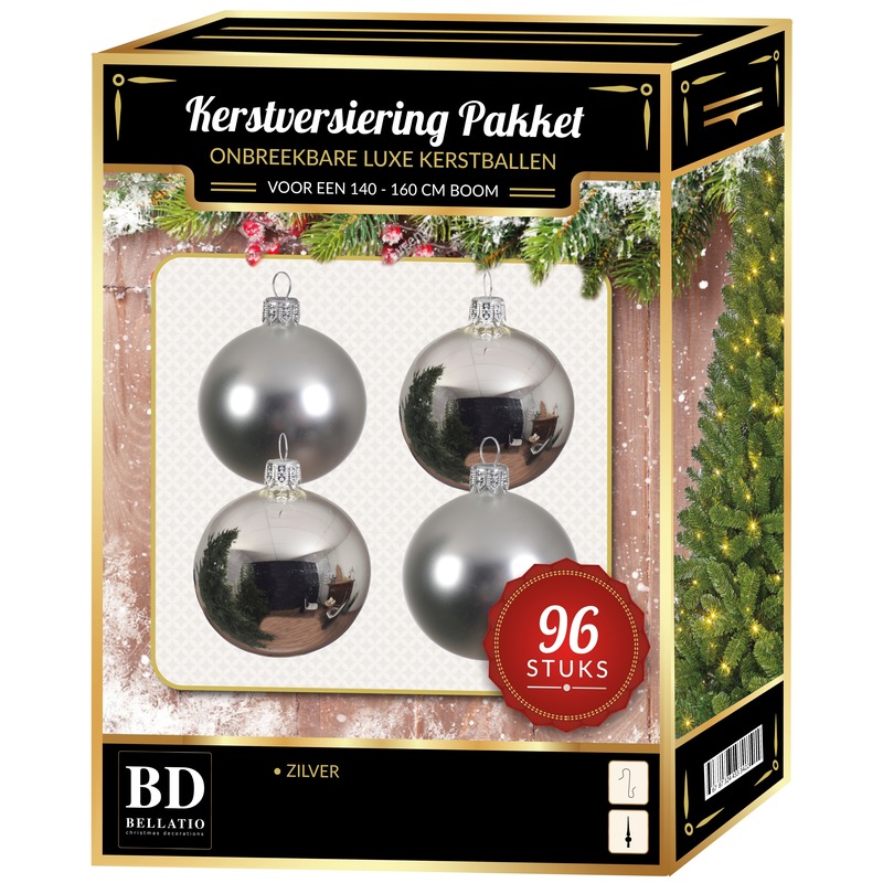 Zilveren kerstballen pakket 96-delig voor 180 cm boom
