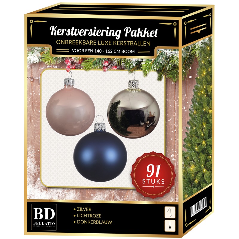 Zilveren-lichtroze-donkerblauwe kerstballen pakket 91-delig voor 150 cm boom