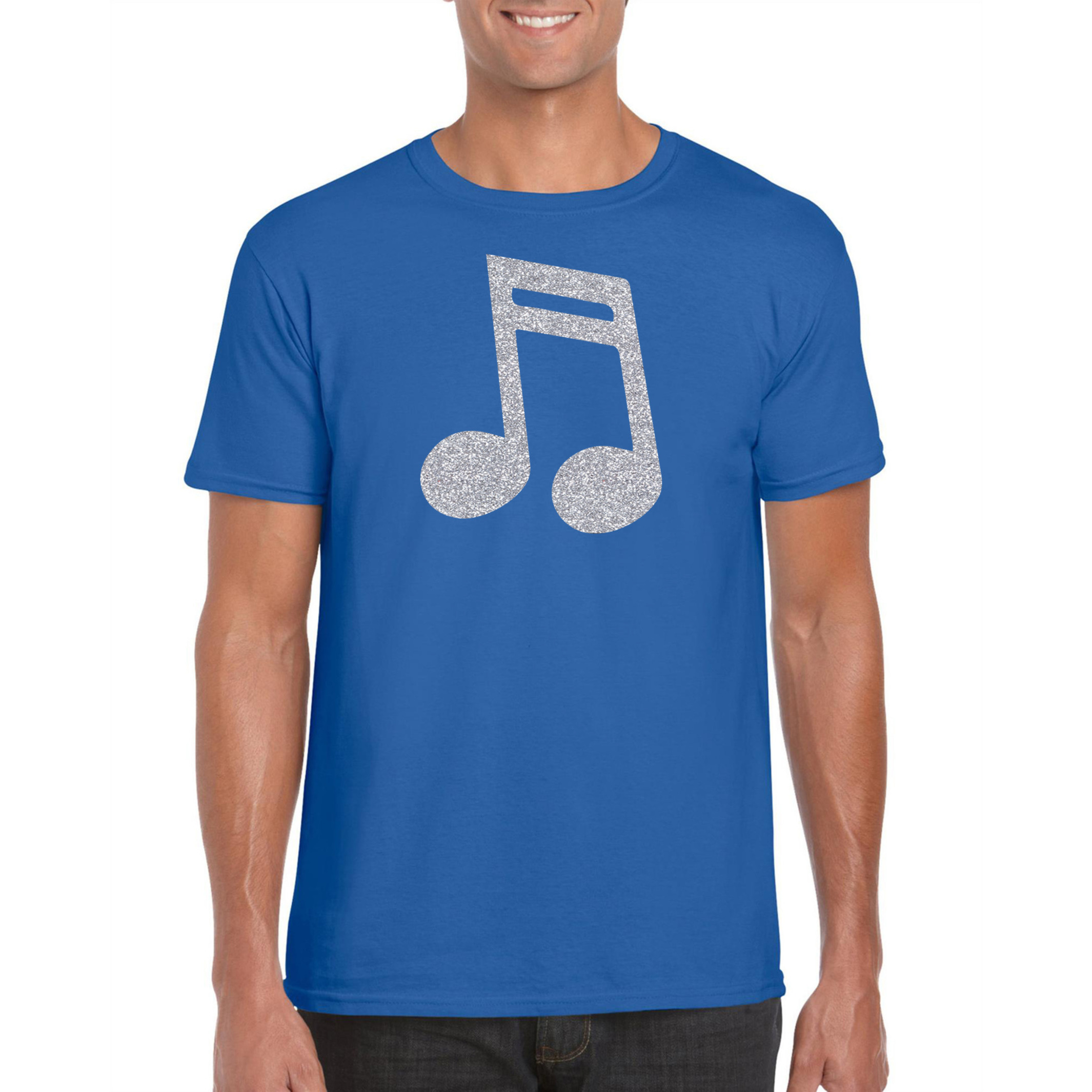 Zilveren muziek noot t-shirt blauw voor heren