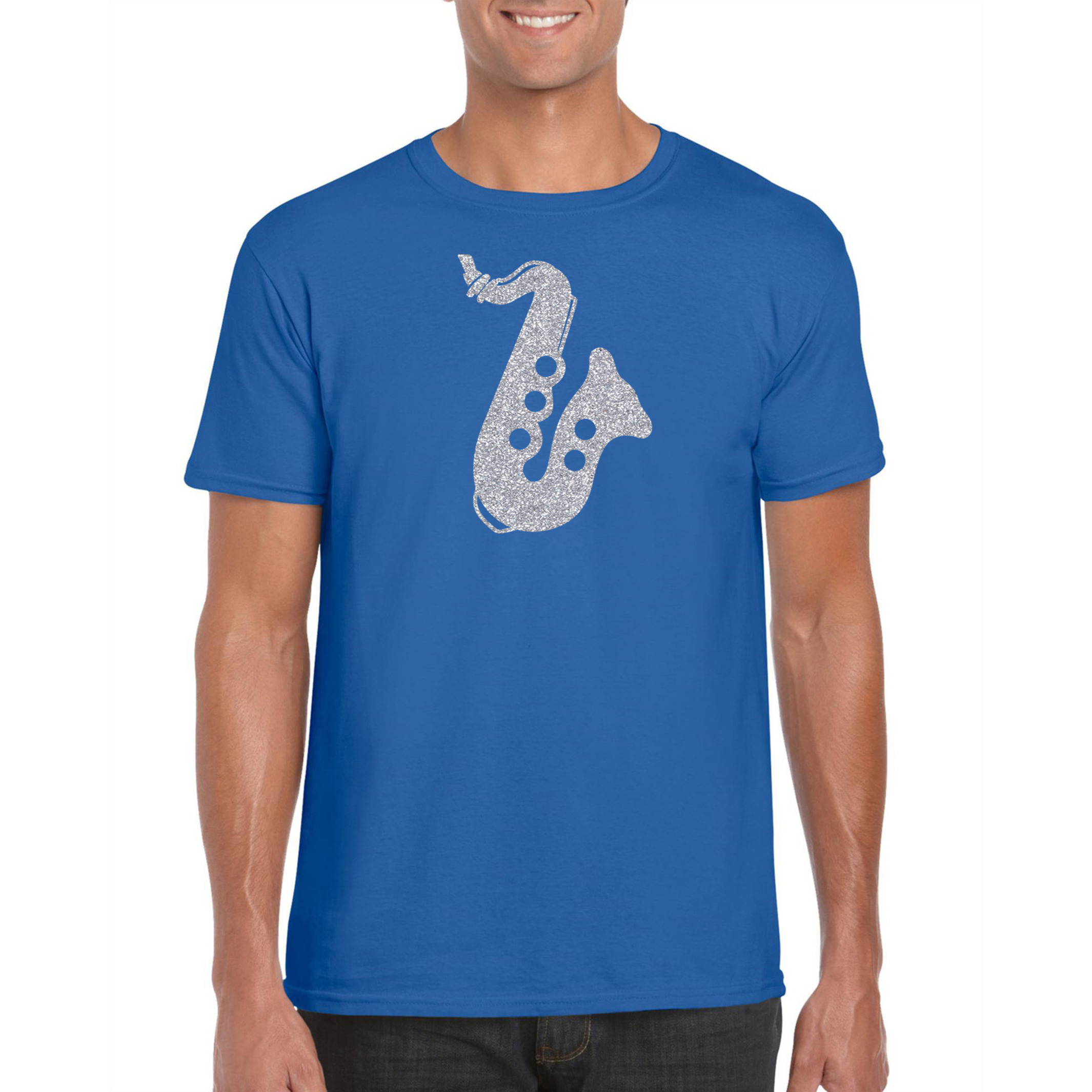 Zilveren muziek saxofoon t-shirt blauw voor heren-shirt voor saxofonisten