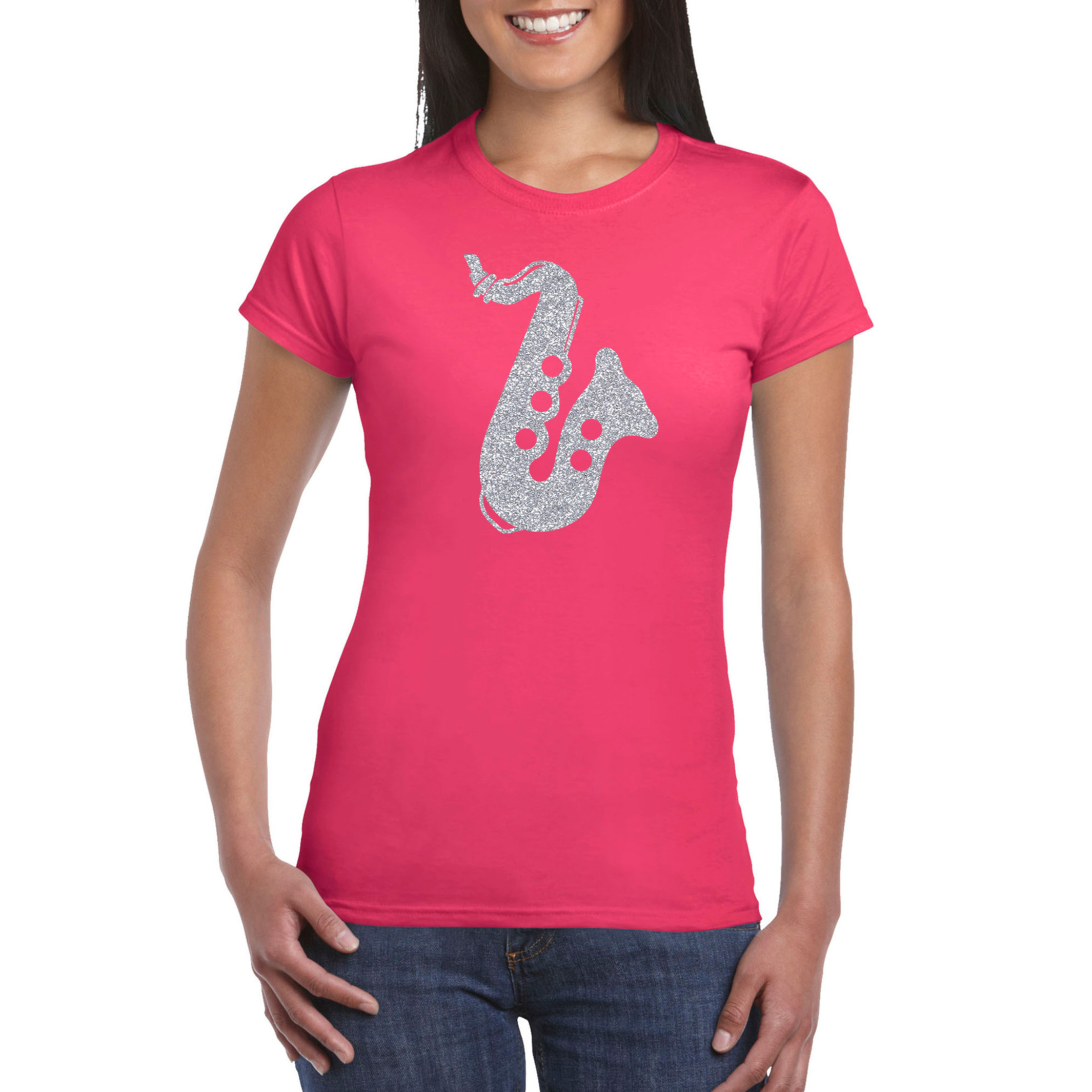 Zilveren muziek saxofoon t-shirt roze voor dames saxofonisten outfit