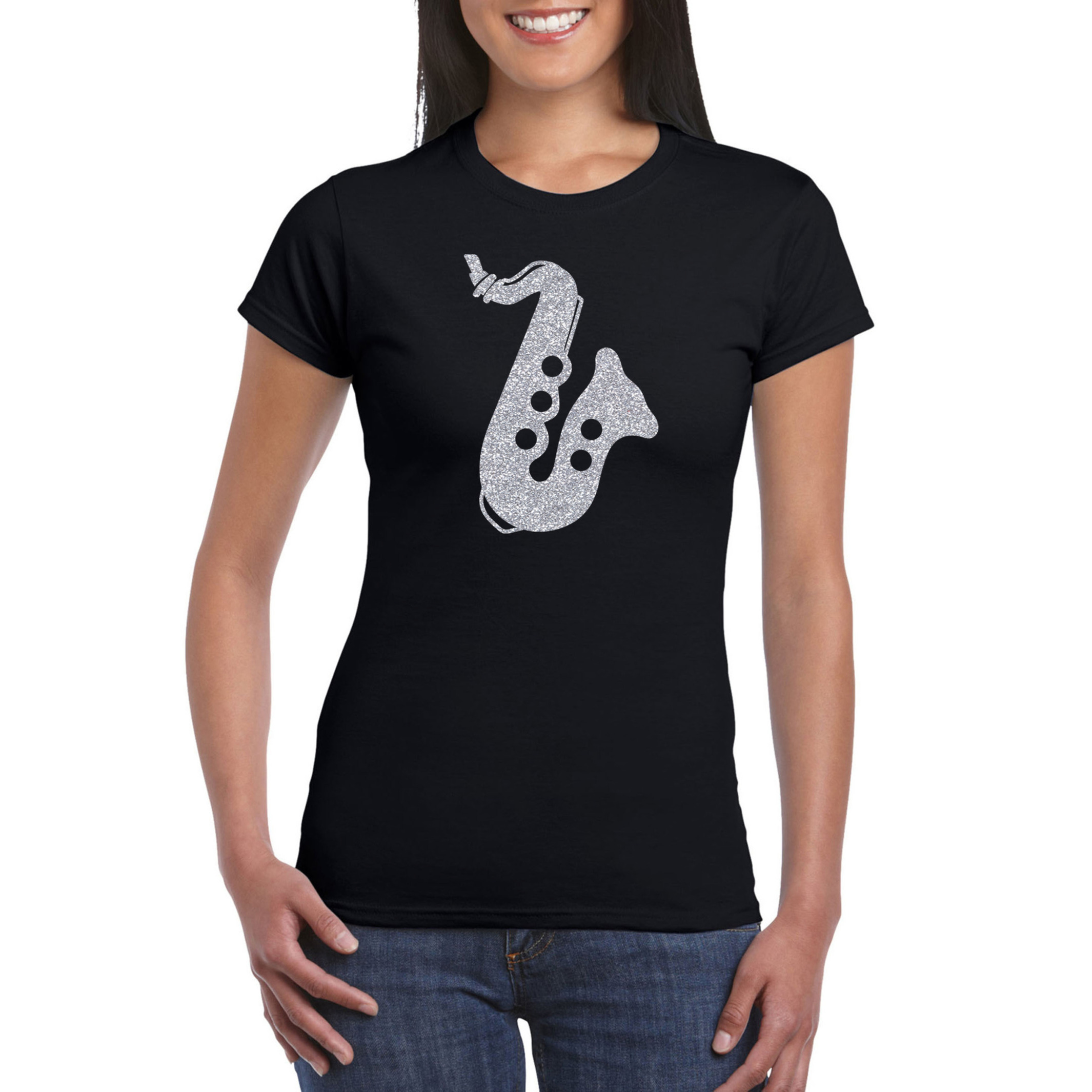 Zilveren muziek saxofoon t-shirt zwart voor dames saxofonisten outfit