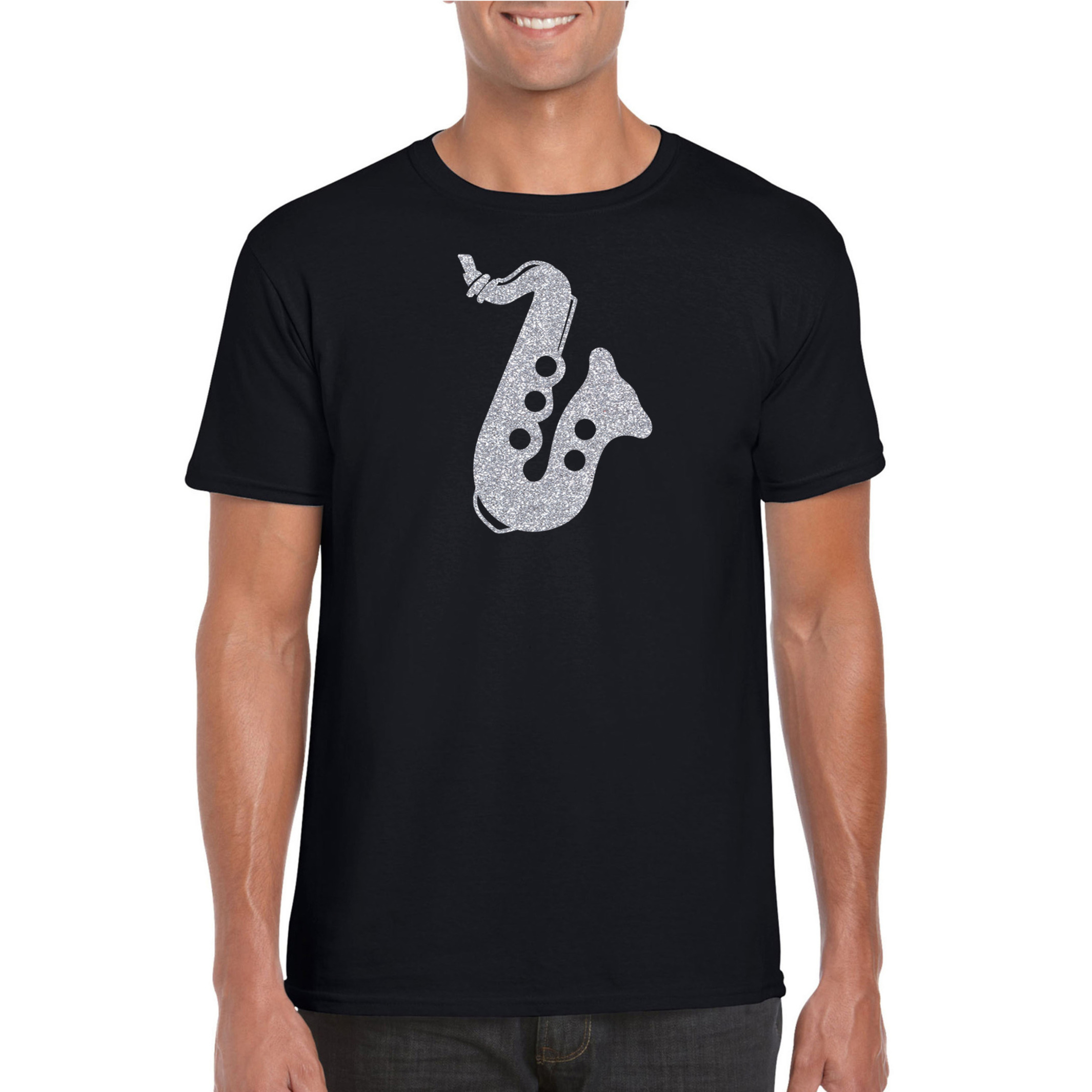Zilveren muziek saxofoon t-shirt zwart voor heren-shirt voor saxofonisten