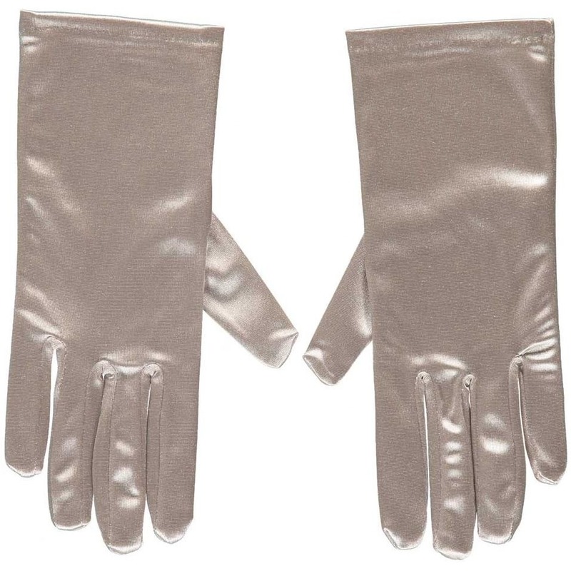 Zilveren satijnen verkleed handschoenen 20 cm