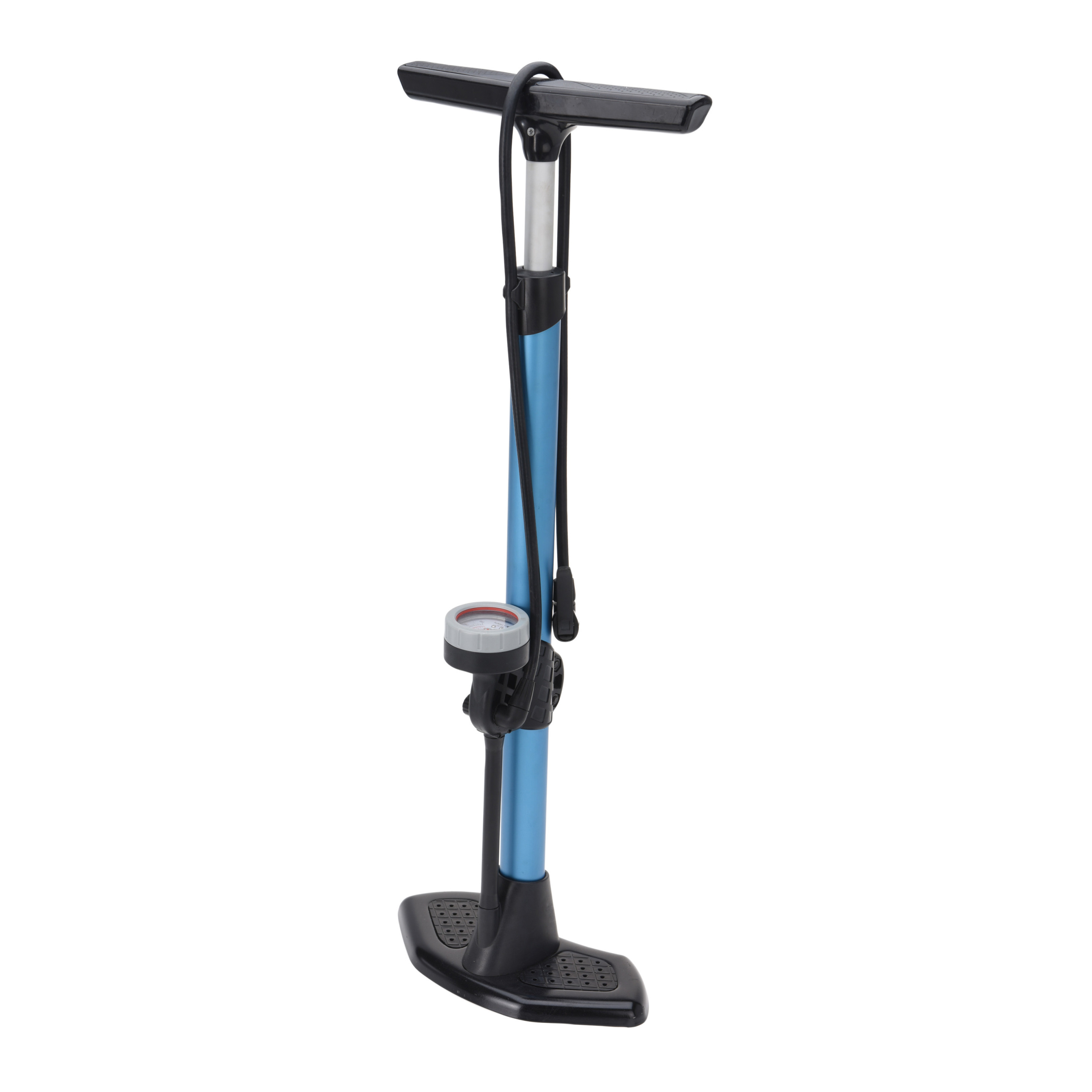 Zwart-blauwe fietsbandenpomp staand met drukmeter 67 cm