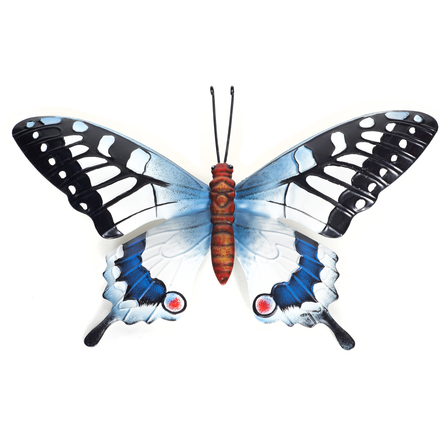 Zwart-blauwe metalen tuindecoratie vlinder 37 cm