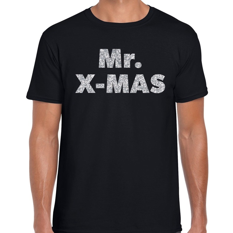 Zwart Kerst shirt-kerstkleding Mr X-mas gou glitterd op zwart heren
