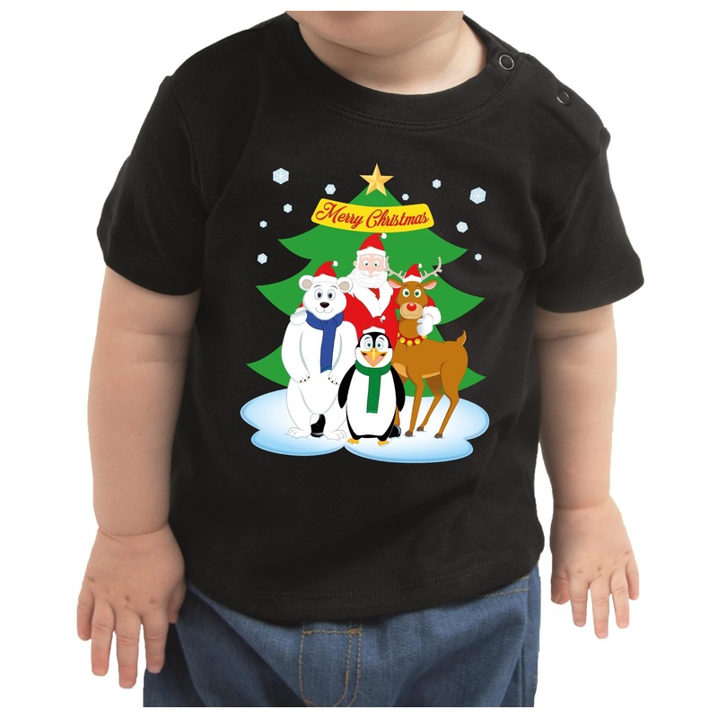 Zwart kerst shirt-kleding kerstman en zijn dierenvrienden voor peuters-kinderen