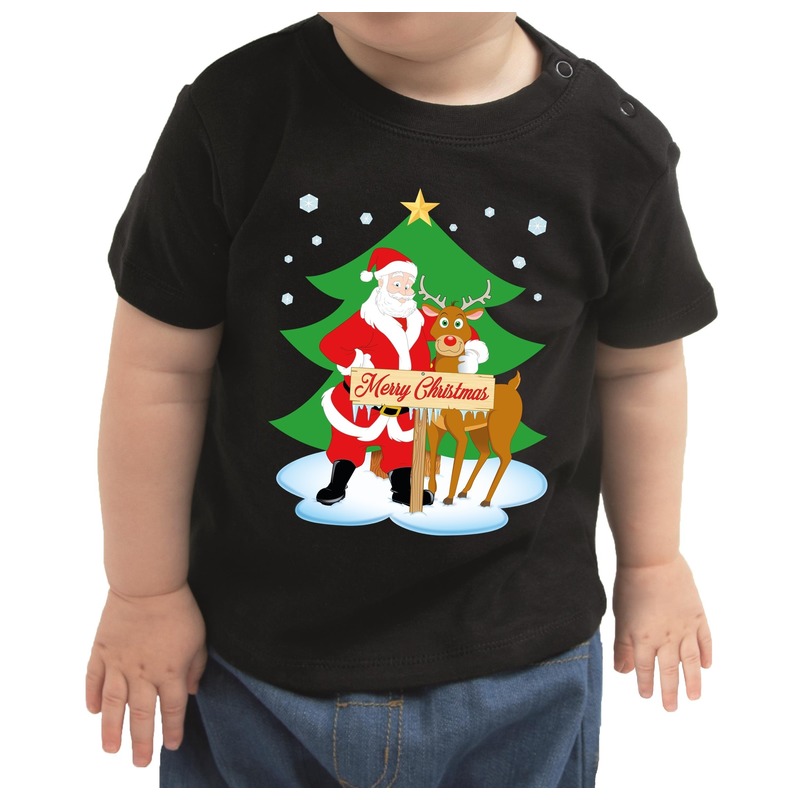 Zwart kerst shirt-kleding Merry Christmas kerstman-rendier voor baby-kinderen
