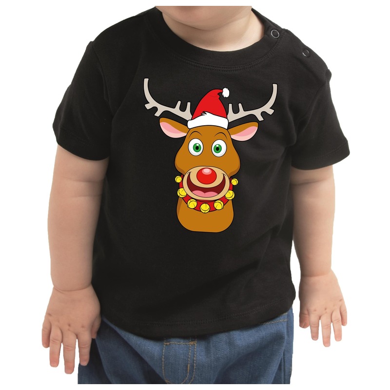 Zwart kerst shirt-kleding Rudolf het rendier met rode neus voor baby-kinderen
