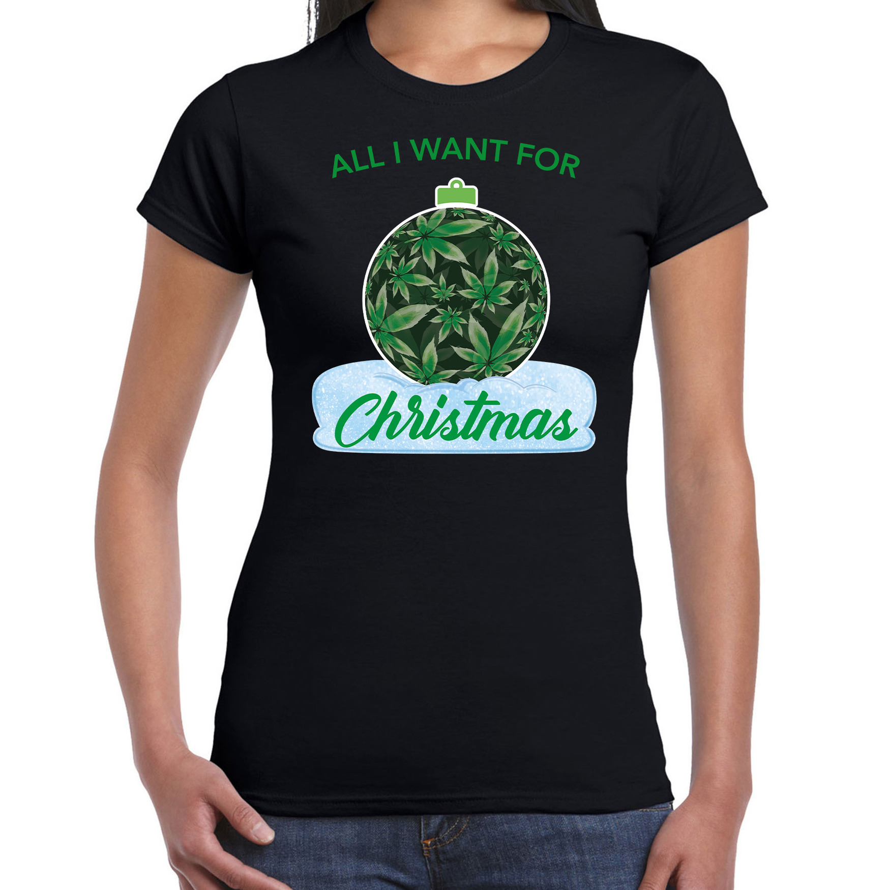 Zwart Kerstshirt-Kerstkleding All i want for christmas voor dames met wiet kerstbal