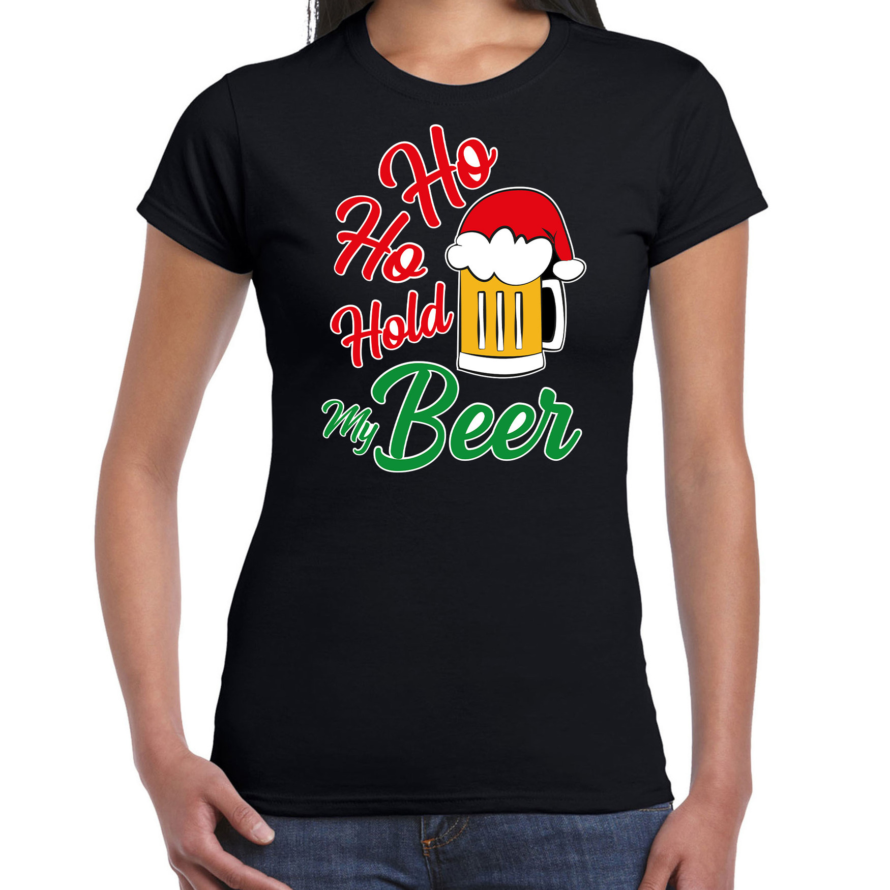Zwart Kerstshirt-Kerstkleding Ho ho hold my beer voor dames