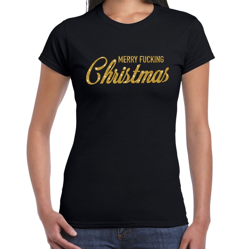 Zwart kerstshirt-kerstkleding Merry Fucking Christmas glitter goud op zwart dames