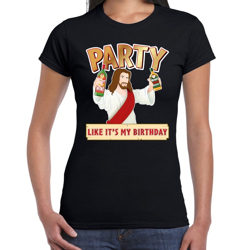 Zwart kerstshirt-kerstkleding met party Jezus voor dames