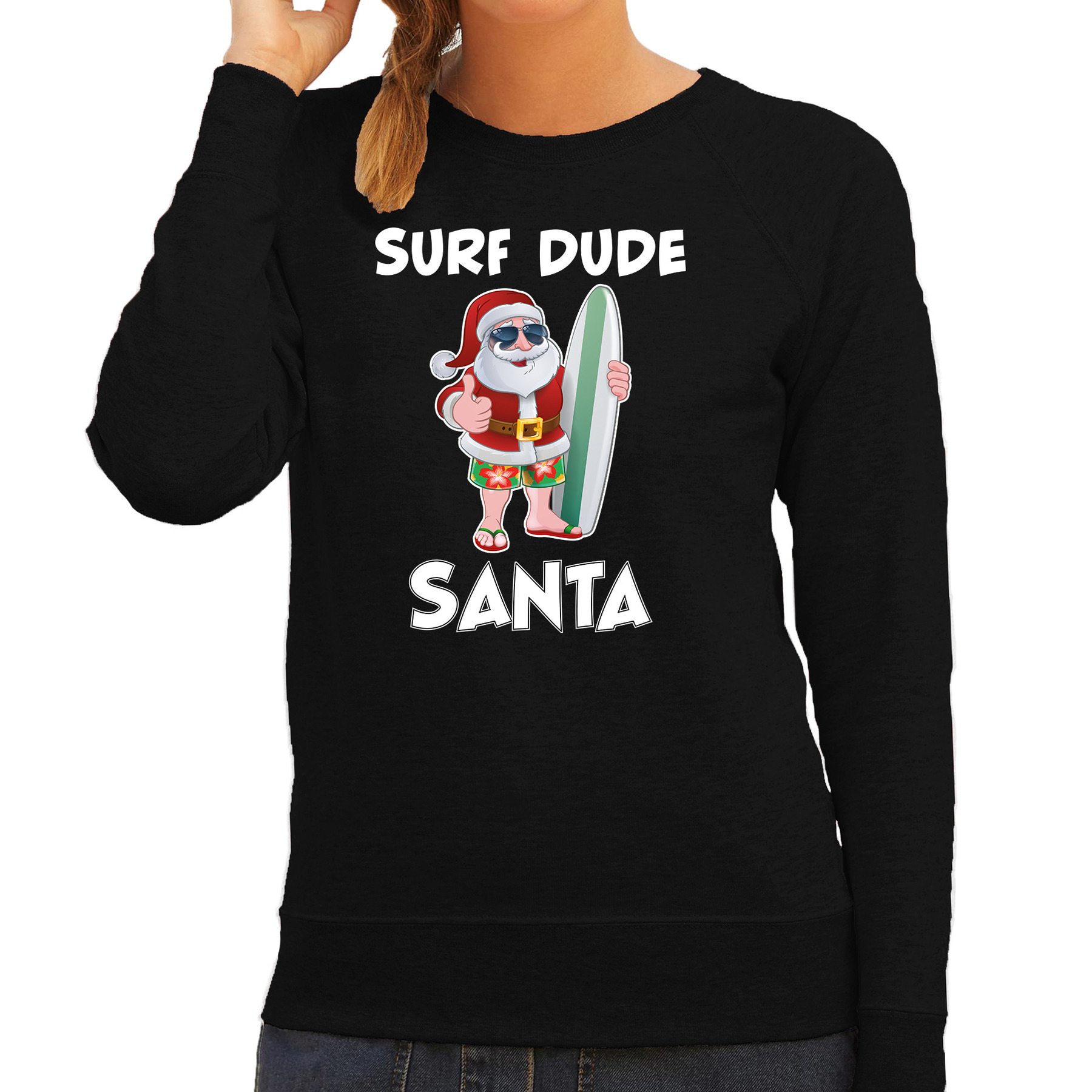 Zwart Kersttrui-Kerstkleding surf dude Santa voor dames