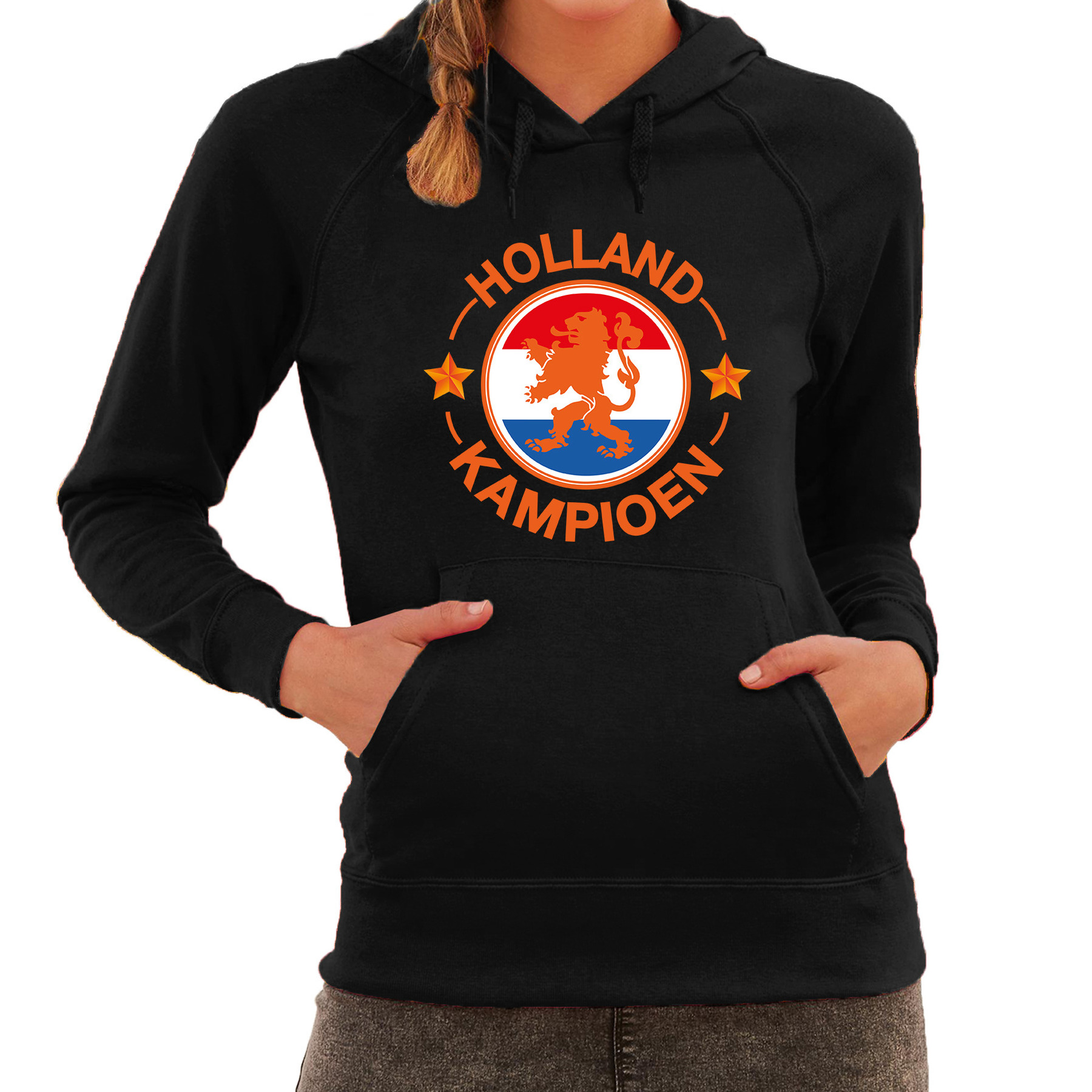 Zwarte fan hoodie-sweater met capuchon Holland kampioen met leeuw EK- WK voor dames