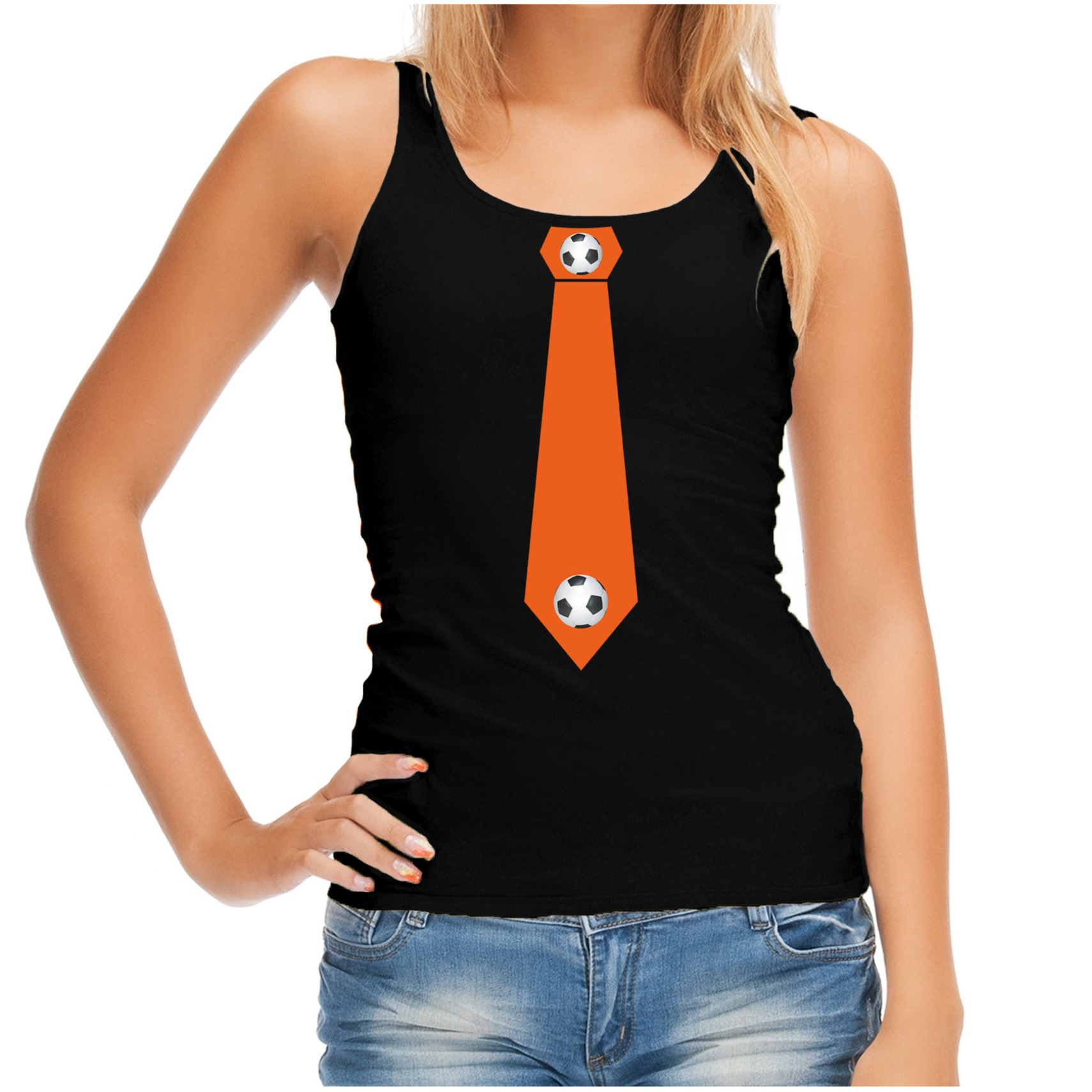 Zwarte fan tanktop-mouwloos t-shirt Holland oranje voetbal stropdas EK- WK voor dames