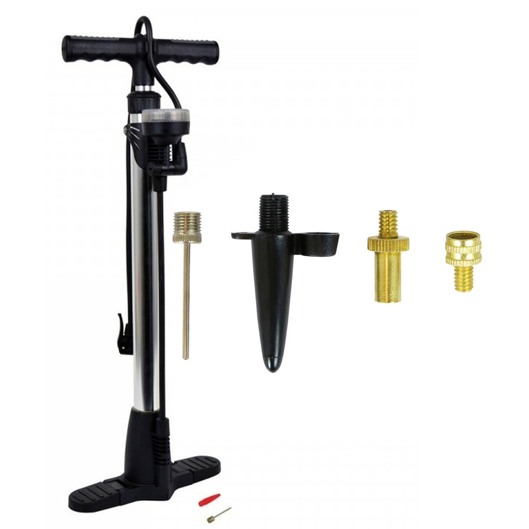 Zwarte fietspomp 60 cm met drukmeter en verloopset voor alle fietsventielen met 4-delige verloopset