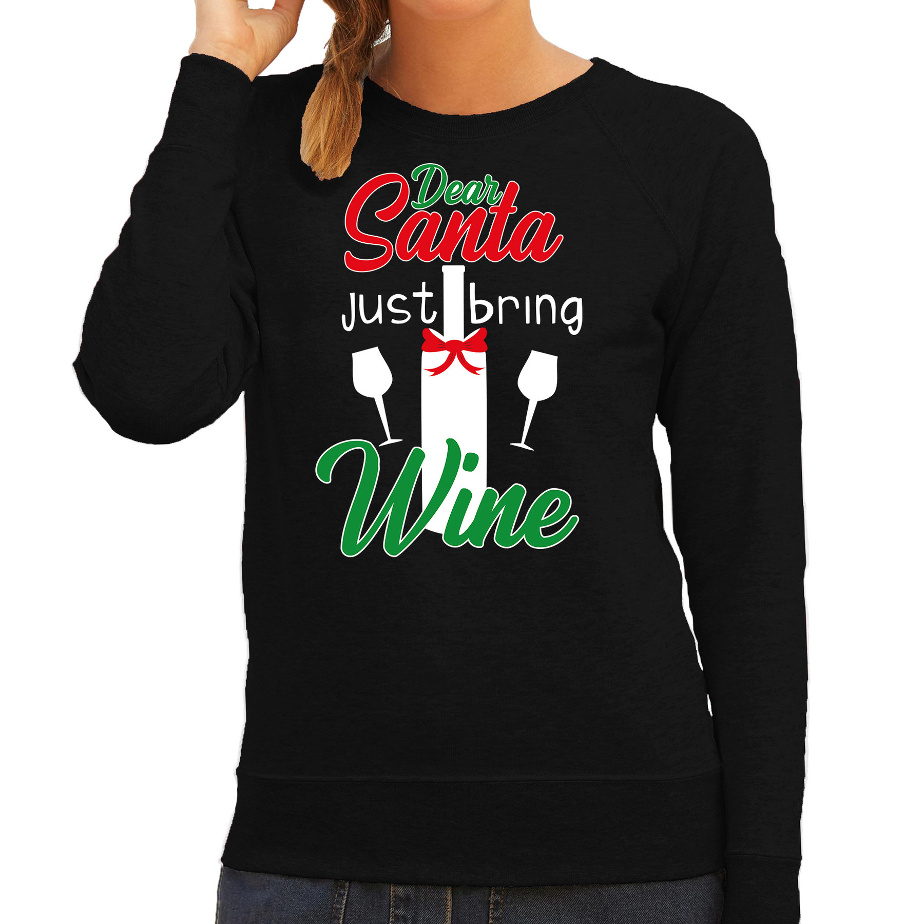 Zwarte Kersttrui-Kerstkleding Dear Santa just bring wine voor dames