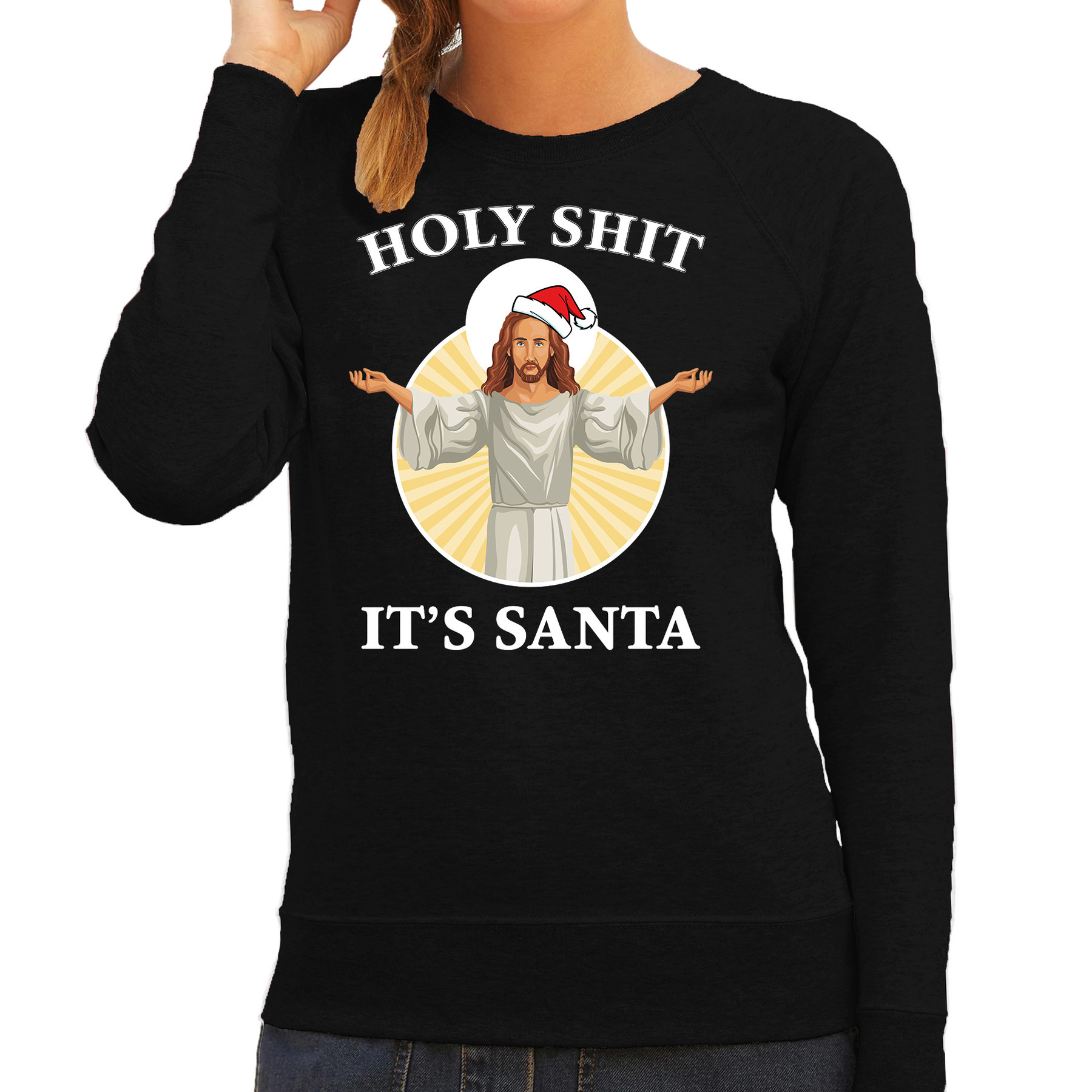 Zwarte Kersttrui-Kerstkleding Holy shit its Santa voor dames