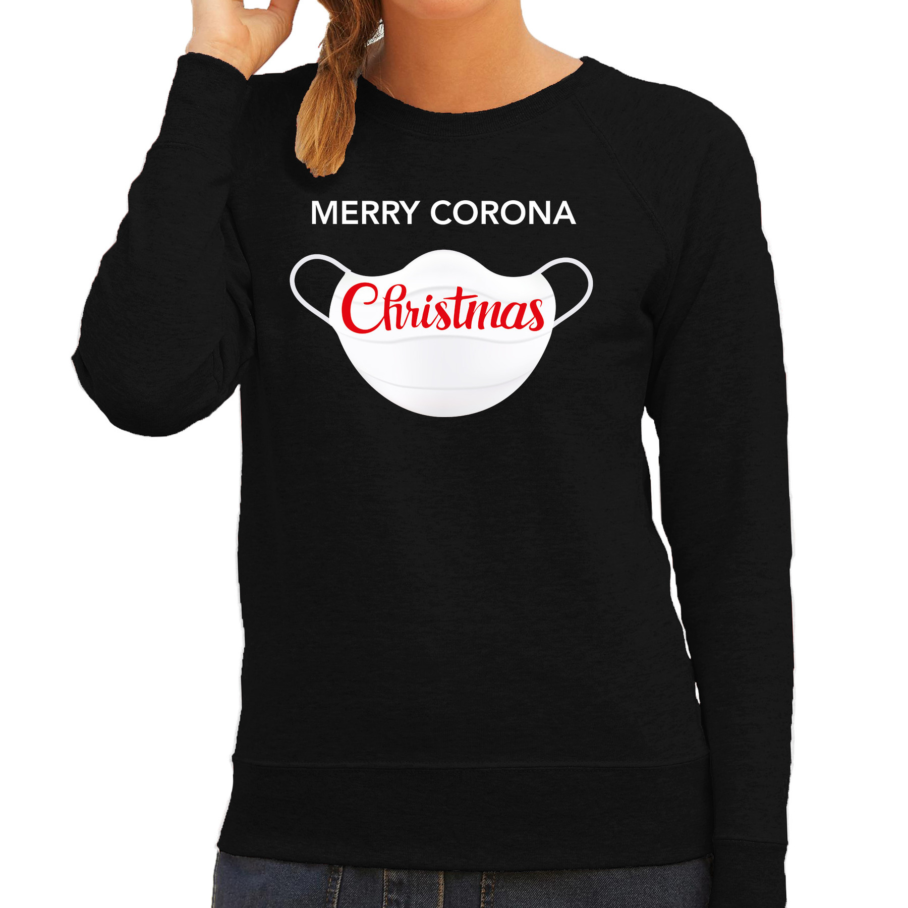 Zwarte Kersttrui-Kerstkleding Merry corona Christmas voor dames