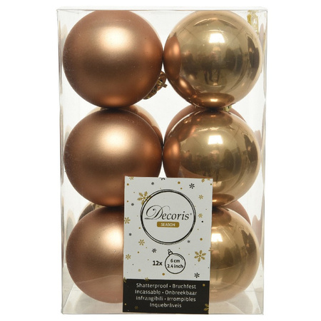 12x Kunststof kerstballen glanzend/mat camel bruin 6 cm kerstboom versiering/decoratie