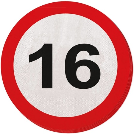 20x Zestien/16 jaar feest servetten verkeersbord 33 cm rond verjaardag/jubileum