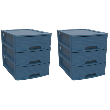 2x stuks ladenkast/bureau organizers blauw A5 3x lades stapelbaar L27 x B36 x H35 cm