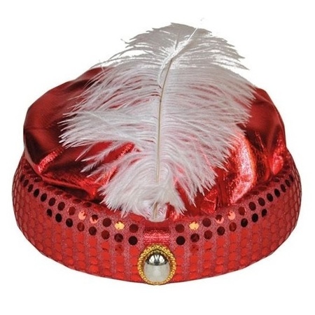 2x stuks verkleed Tulband hoedje met veer en diamand rood