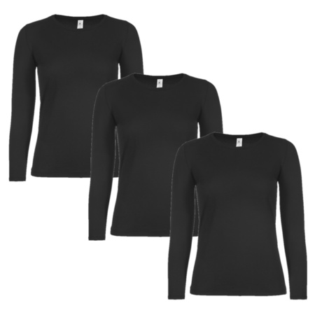 3x stuks basic t-shirt met lange mouwen zwart voor dames, maat: 2XL