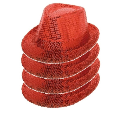 4x pieces red trilby hats with sequins