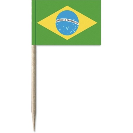 50x Vlaggetjes prikkers Brazilie - 8 cm - hout/papier