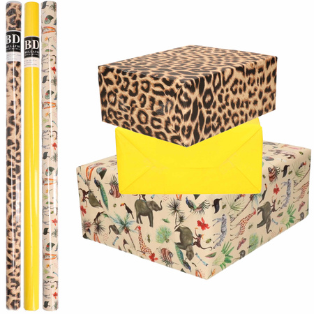 6x Rolls kraft wrapping paper jungle/panther pack - yellow/animal/leopard design 200 x 70 cm