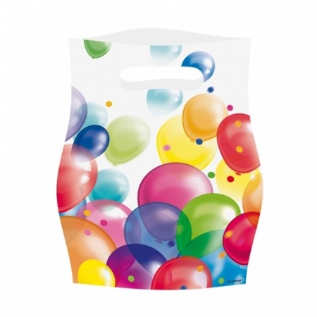 8x Feestelijke uitdeel zakjes met ballonnen opdruk plastic 16x23cm