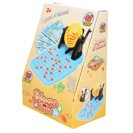 Bingospel gekleurd/geel 1-90 met bingomolen, fiches en 48 bingokaarten