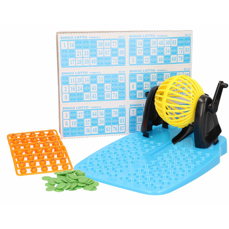Bingospel gekleurd/geel 1-90 met bingomolen, fiches en 48 bingokaarten