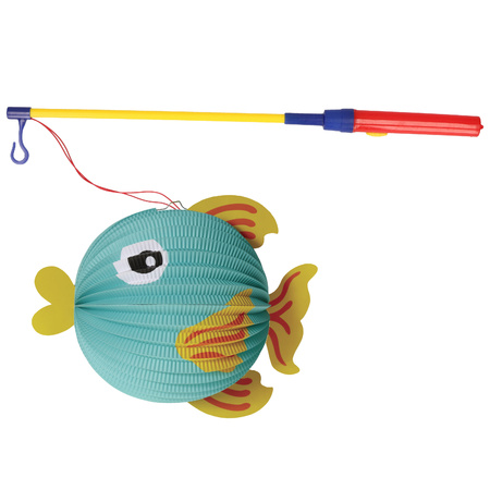 Pull lantern - H25 cm - fish - blue - paper - with Lantern stick - 40 cm