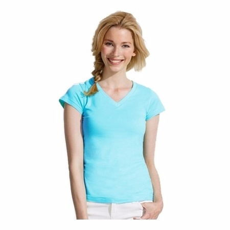 Dames t-shirt  V-hals lichtblauw 100% katoen slimfit