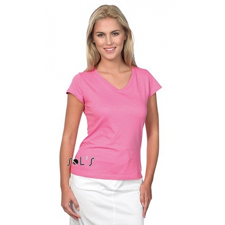 Dames t-shirt  V-hals roze 100% katoen slimfit