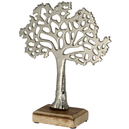 Decoratie levensboom van aluminium op houten voet 30 cm zilver